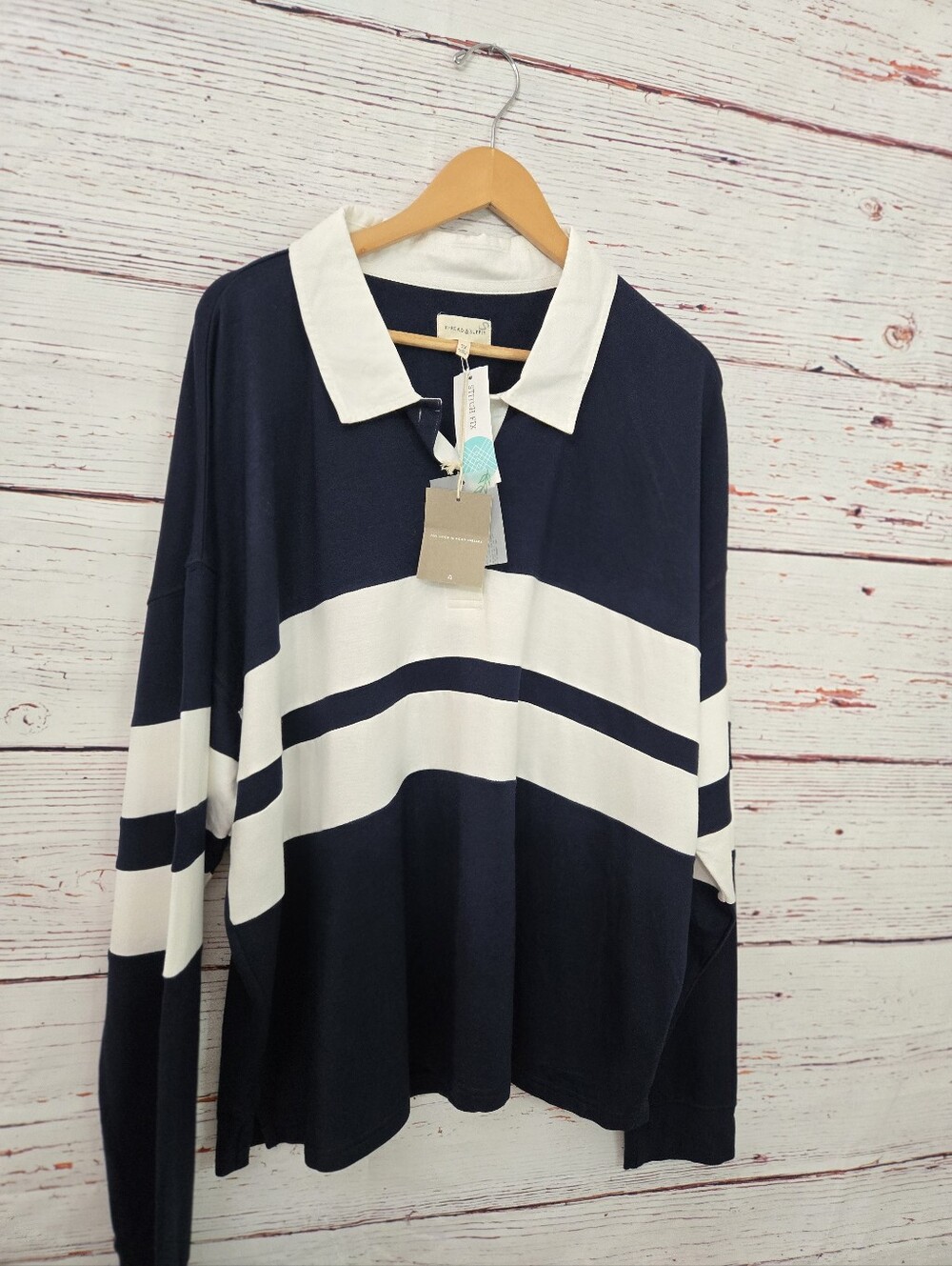 NWT Thread & Supply Rugby Polo Top 3X Navy White Striped Long Sleeve Plus Size